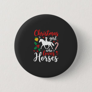 Kerstmeisje dat van paarden houdt ronde button 5,7 cm