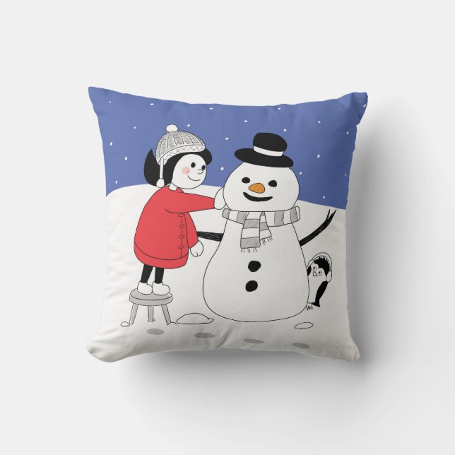 Kerstmeisje en Snowman Cushion Kussen (Voorkant)