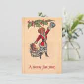 Kerstmeisje met kerstcadeautje met speelgoed feestdagenkaart (Staand voorkant)