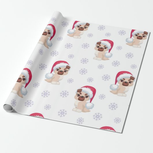 Kerstmeisje Pug Santa Pattern Cadeaupapier (Uitgerold)