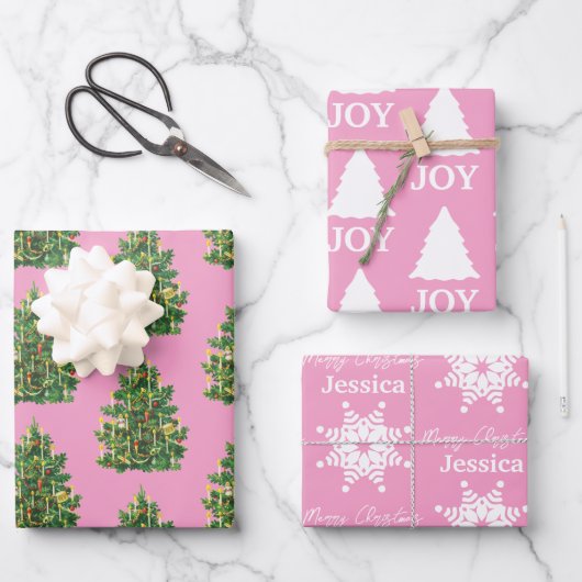 Kerstmeisje Roze en White Pattern Inpakpapier Vel (Voorkant)