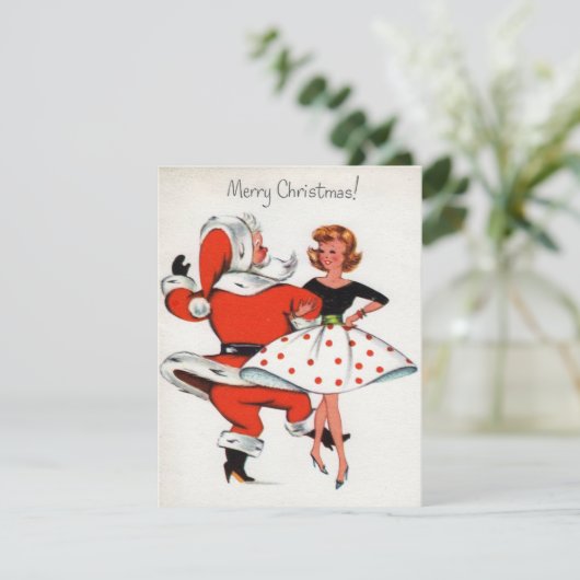 Kerstmeisje uit 1950 met kerstman dansend feestdagenkaart (Staand voorkant)