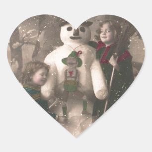 Kerstmeisjes en Snowman Foto Hart Sticker