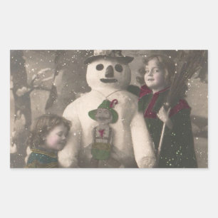Kerstmeisjes en Snowman Foto Rechthoekige Sticker