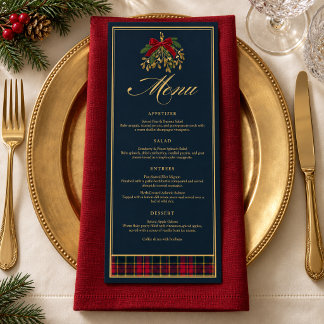 Kerstmenu met marine tartanrode strik menu