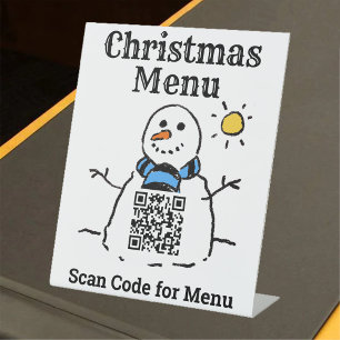Kerstmenu Snowman met QR-code Pedestal Sign Reclamebord Met Voetstuk