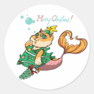 Kerstmermaid Cat Ronde Sticker
