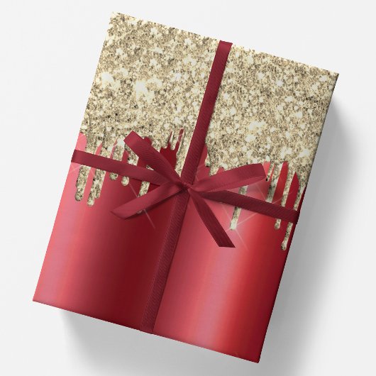 Kerstmetallisch rood & dripend 14k Gold Glitter Cadeaupapier