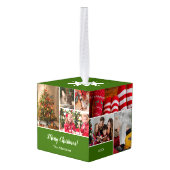 Kerstmis 15 Fotocollage met familienaam Groen Kubus Ornament (Achter hoekig)