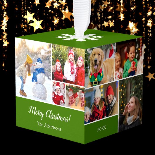 Kerstmis 15 Fotocollage met familienaam Groen Kubus Ornament