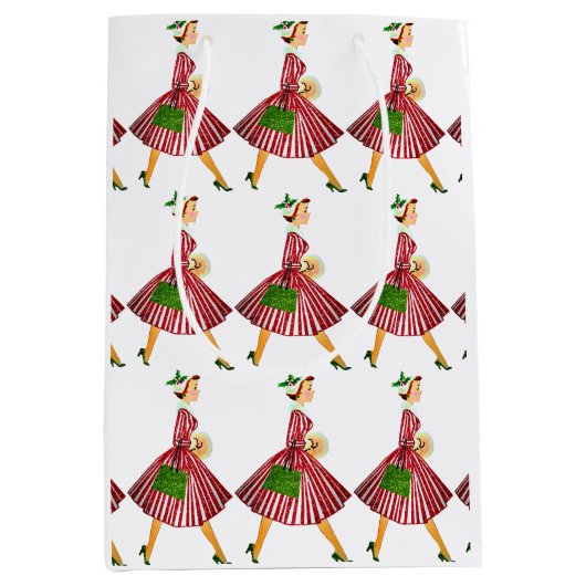 Kerstmis 1950 Vintage Dame Medium Cadeauzakje (Voorkant)