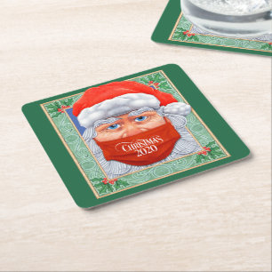 Kerstmis 2020 Kerstman in Masker Vierkante Kartonnen Onderzetter