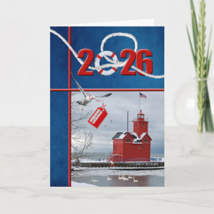 Kerstmis 2026 Grote Rode Michigan Vuurtoren Feestdagen Kaart