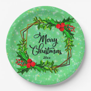 Kerstmis 20xx Holly Red Berries Modern Green 9" Papieren Bordje