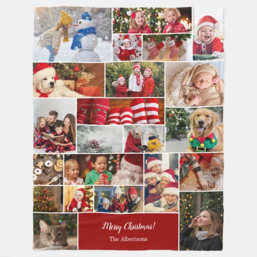 Kerstmis 22 Fotocollage met familienaam Rood Fleece Deken (Voorkant)