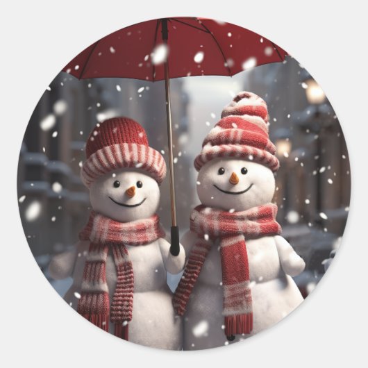 Kerstmis 2 Sneeuwmannen 1 Paraplu Sneeuwpaar Ronde Sticker (Voorkant)
