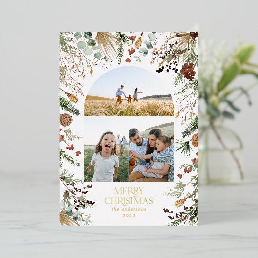 Kerstmis 3 waterverf botanische flora folie feestdagenkaart (Staand Voorkant)