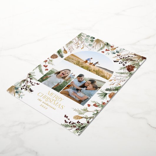 Kerstmis 3 waterverf botanische flora folie feestdagenkaart (Gedraaid)