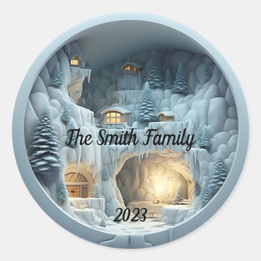Kerstmis 3D Ice Sneeuw Open haard Ronde Sticker (Voorkant)