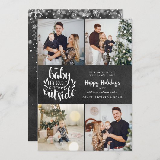 Kerstmis 4 Fotosamenstelling Boho Krijtbord Feestdagenkaart (Voorkant / Achterkant)