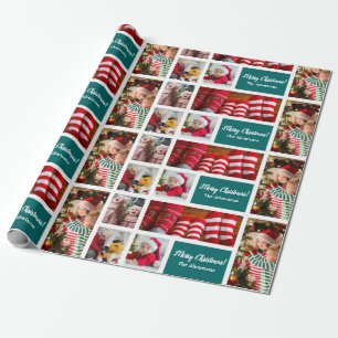 Kerstmis 5 Foto collage met familienaam Blue Cadeaupapier