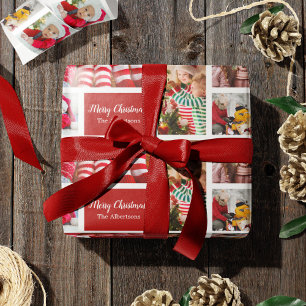 Kerstmis 5 Foto collage met familienaam, rood Cadeaupapier