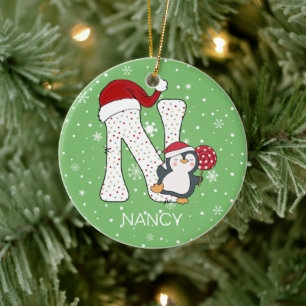 Kerstmis alfabet N Santa Hat Penguin Sneeuwvlok Keramisch Ornament