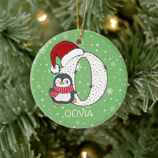 Kerstmis alfabet O Santa Hat Penguin Sneeuwvlok Keramisch Ornament (Boom)