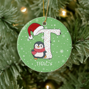 Kerstmis Alphabet T Santa Hat Penguin Sneeuwvlok Keramisch Ornament