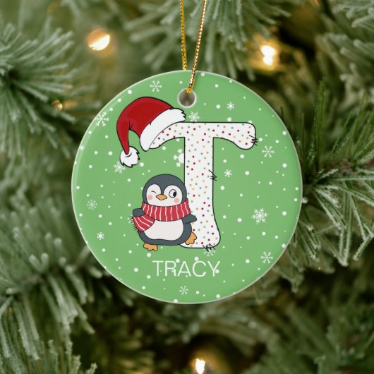 Kerstmis Alphabet T Santa Hat Penguin Sneeuwvlok Keramisch Ornament (Boom)