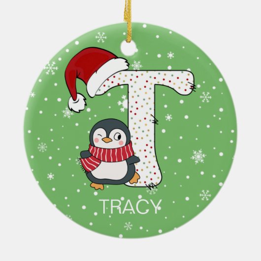 Kerstmis Alphabet T Santa Hat Penguin Sneeuwvlok Keramisch Ornament (Achterkant)