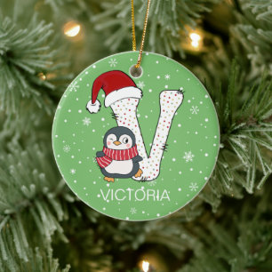 Kerstmis Alphabet V Santa Hat Penguin Sneeuwvlok Keramisch Ornament
