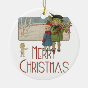 Kerstmis Antiek Kinderen Illustratie 1920 Keramisch Ornament