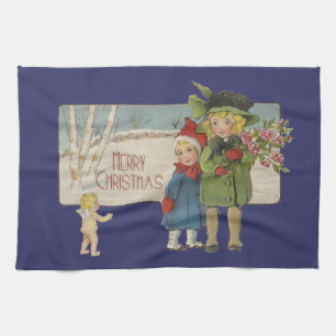 Kerstmis Antiek Kinderen Illustratie 1920 Theedoek