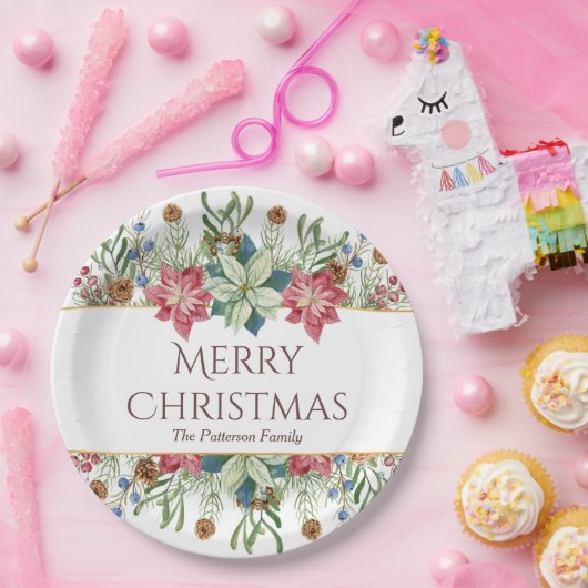 Kerstmis Aquarel Winter Bloemen Naam Papieren Bordje (Feest)