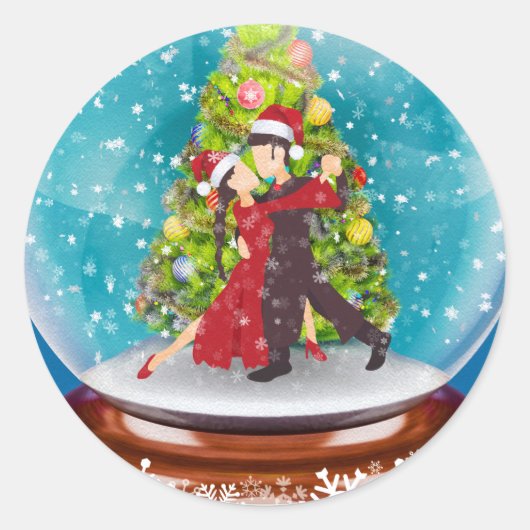 Kerstmis Argentijnse Tango Dancers Snowglobe Ronde Sticker (Voorkant)
