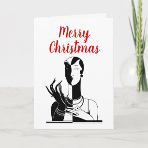 Kerstmis Art Deco Dame met Parels Zwart Transp Feestdagen Kaart
