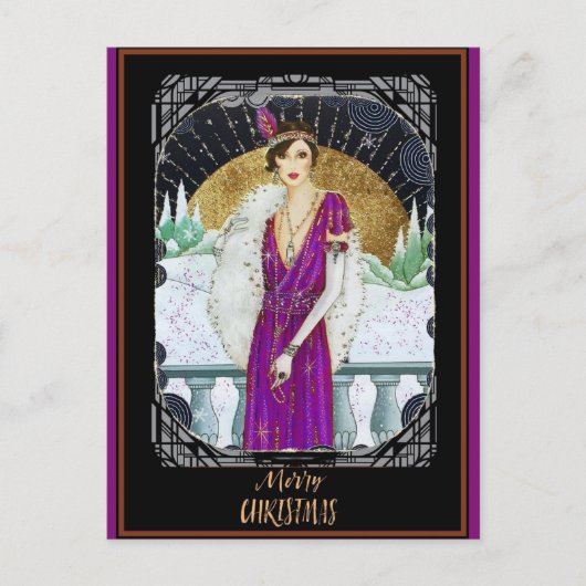 Kerstmis Art Deco Retro Lady Briefkaart (Voorkant)