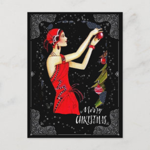 Kerstmis Art Deco Retro Vintage Dame Briefkaart