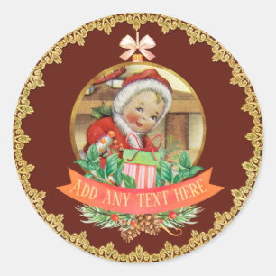 Kerstmis Baby Geslacht Reveal Rood Goud Vintage Ronde Sticker