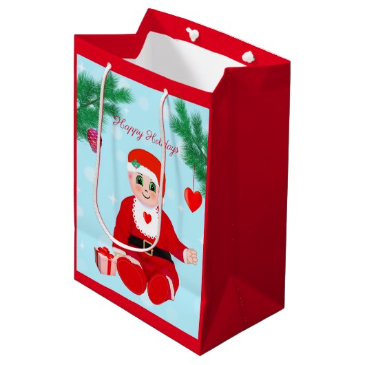 Kerstmis, baby, harten en pijnbomen medium cadeauzakje (Voorkant Gekanteld)