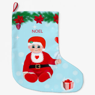 Kerstmis, baby, harten, poinsettias en dennenaalde grote kerstsok