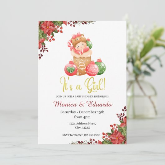 Kerstmis Baby shower Het is een meisjesuitnodiging Kaart (Staand voorkant)