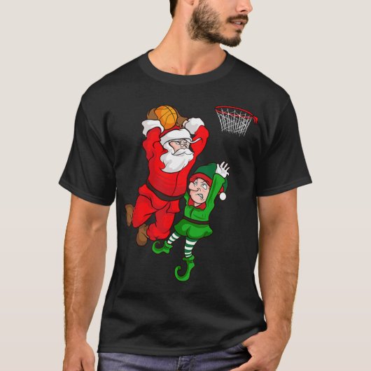 Kerstmis Basketbal Sinterklaas Slam Dunk Elf Plezi T-shirt (Voorkant)