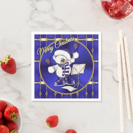 Kerstmis Beer Blue en Gold Holiday Napkins Servetten (Insitu)