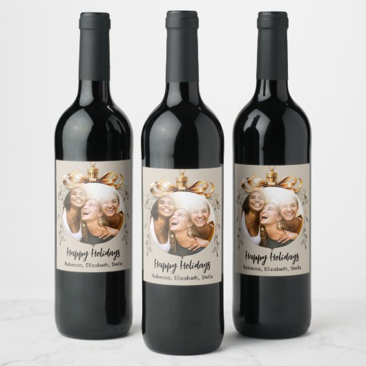 Kerstmis beige gouden kerstbal vrienden foto feest wijn etiket (Flessen)
