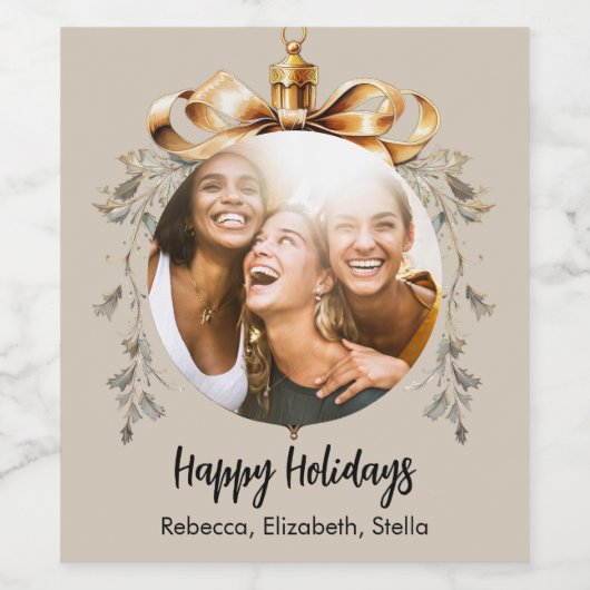 Kerstmis beige gouden kerstbal vrienden foto feest wijn etiket (Enkel label)