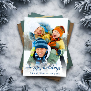 Kerstmis Blauw Schrift Foto Gelukkig Feestdagenkaart