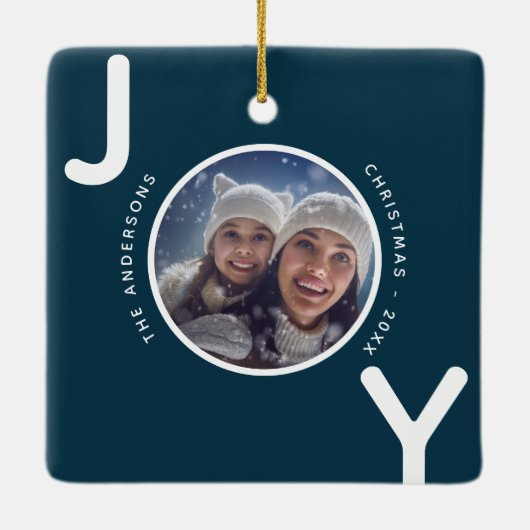 Kerstmis blauw witte vreugde foto modern keramisch ornament (Achterkant)