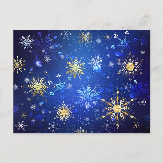 Kerstmis Blauwe Achtergrond met Gouden Sneeuwvlokk Briefkaart (Voorkant)